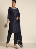 All About You Women Navy Blue & Golden Satin Finish Kurta with Trousers & With Dupatta