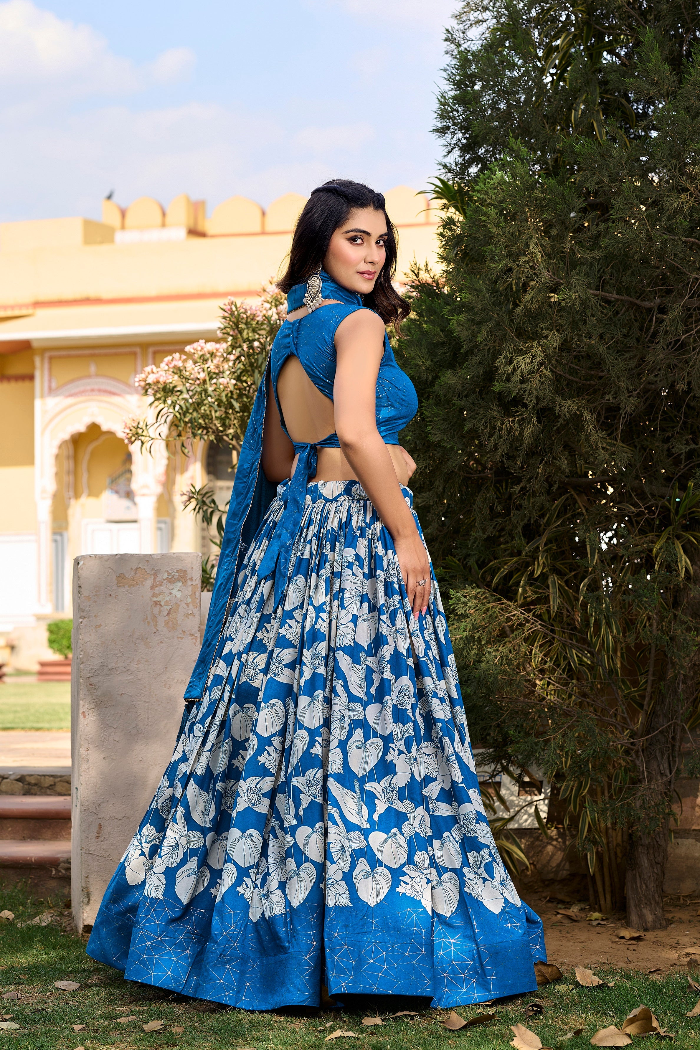 Lorenvalley Blue Tussar Silk Floral Printed with Foil Printed Lehenga Choli