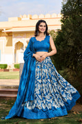 Lorenvalley Blue Tussar Silk Floral Printed with Foil Printed Lehenga Choli