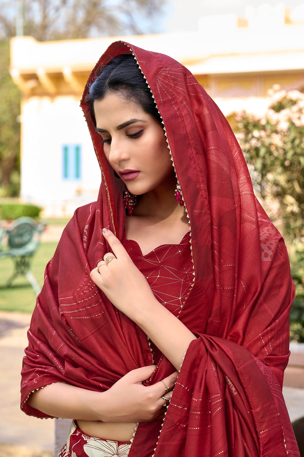 Lorenvalley Red Tussar Silk Floral Printed with Foil Printed Lehenga Choli