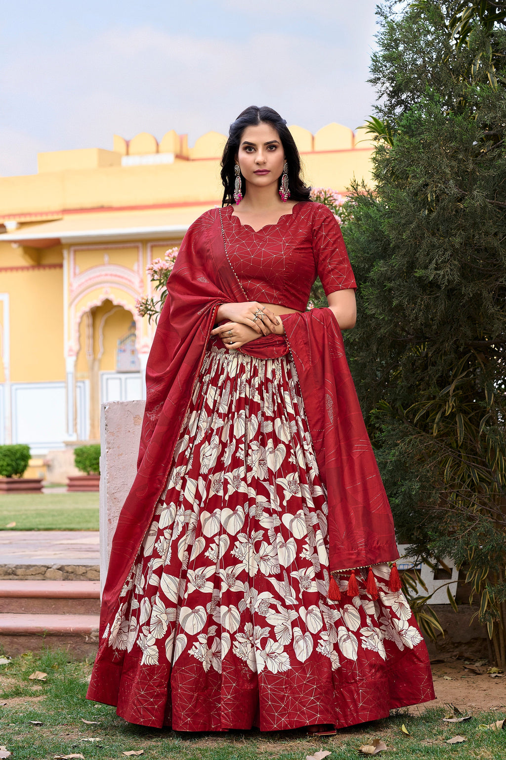 Lorenvalley Red Tussar Silk Floral Printed with Foil Printed Lehenga Choli