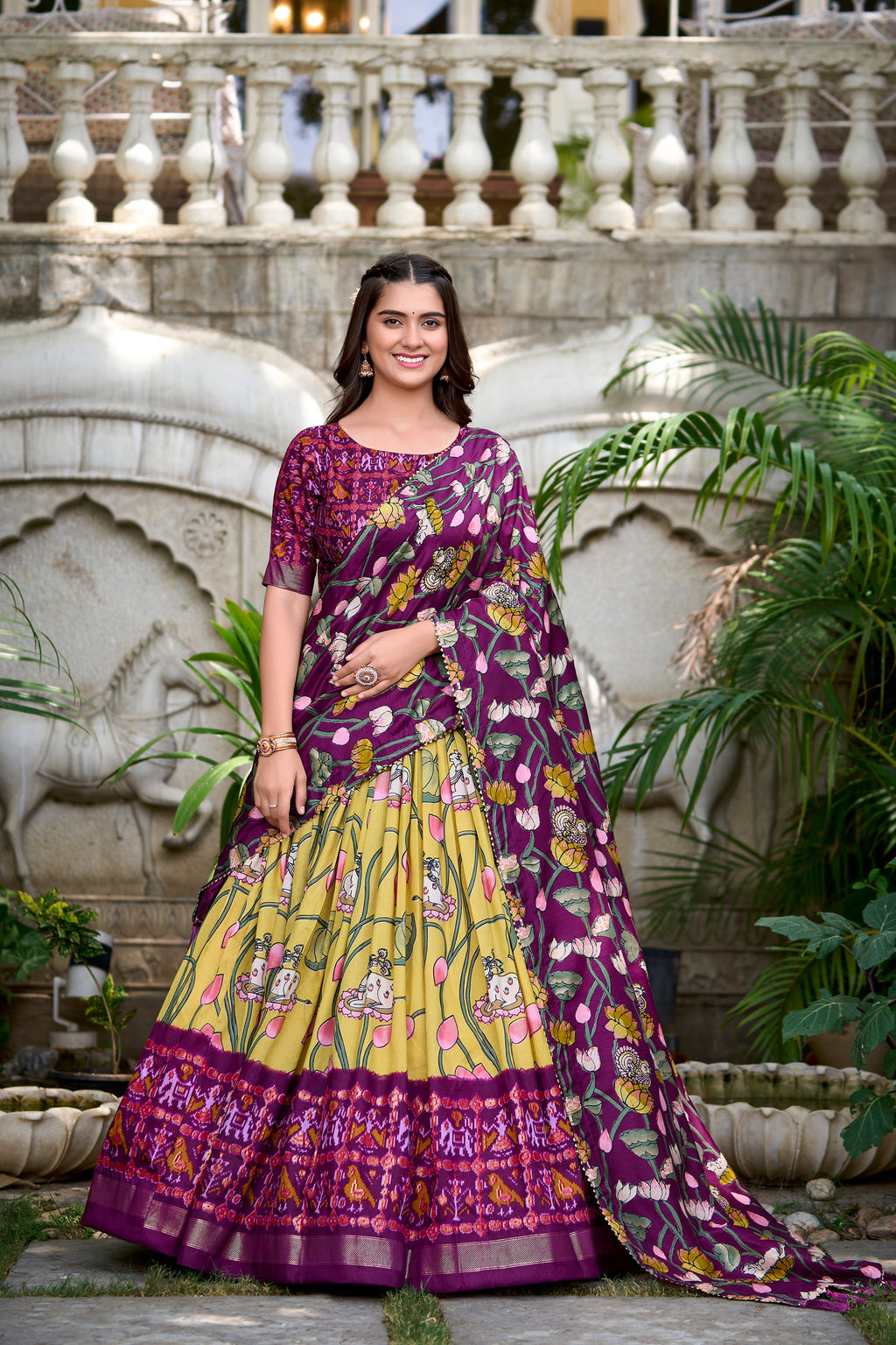 Lorenvalley Yellow Tussar Silk Pichwai With Patola Print And Zari Weaving Border Lehenga Choli with Dupatta
