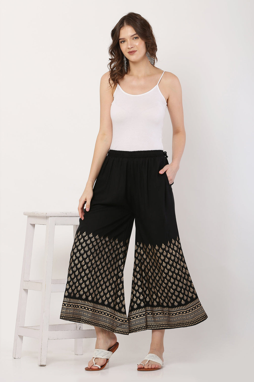 PAVONINE Black Color Minar Half Golden Print Sharara For Women