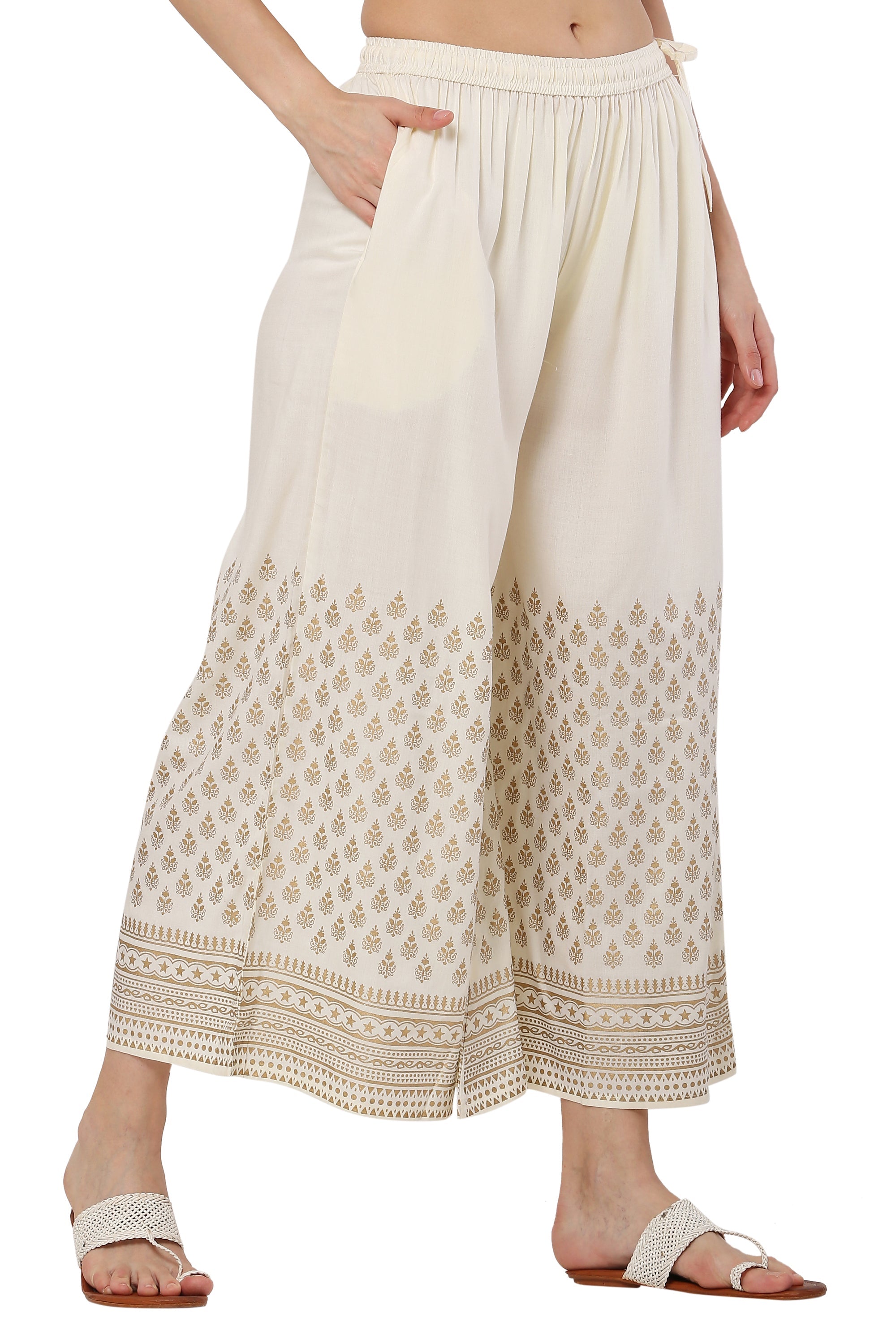 PAVONINE Off-White Color Minar Half Golden Print Sharara For Women