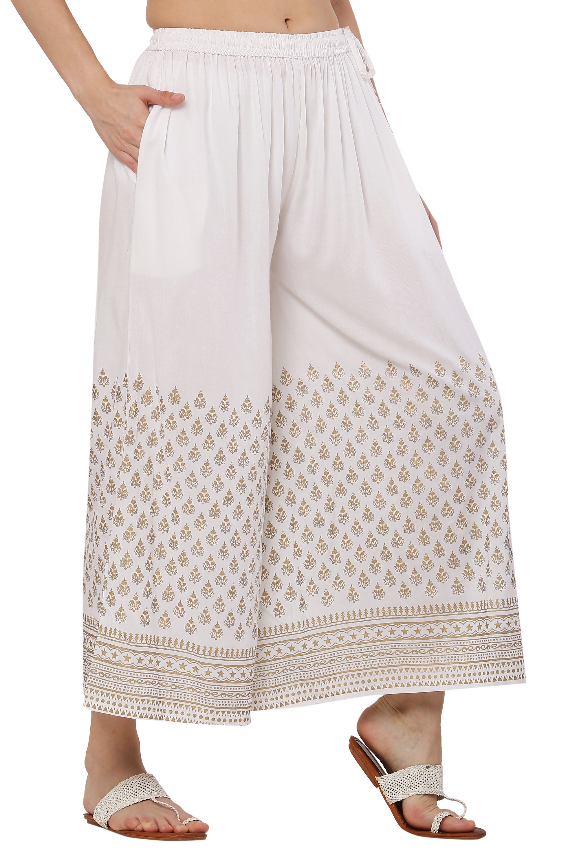 PAVONINE White Color Minar Half Golden Print Sharara For Women