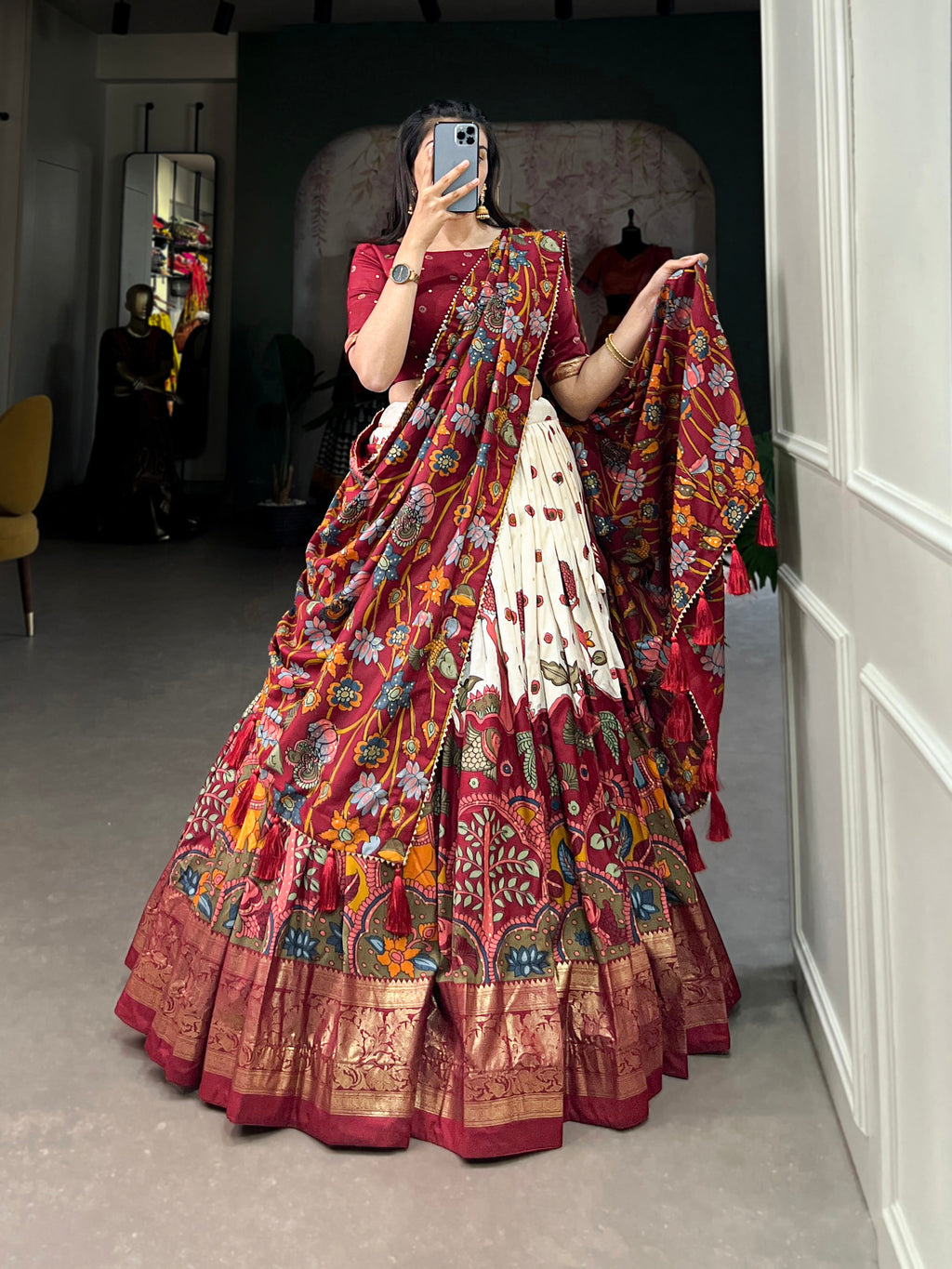 Lorenvalley Off White Tussar Silk Kalamkari Print with Foil Work Border Lehenga Choli with Dupatta