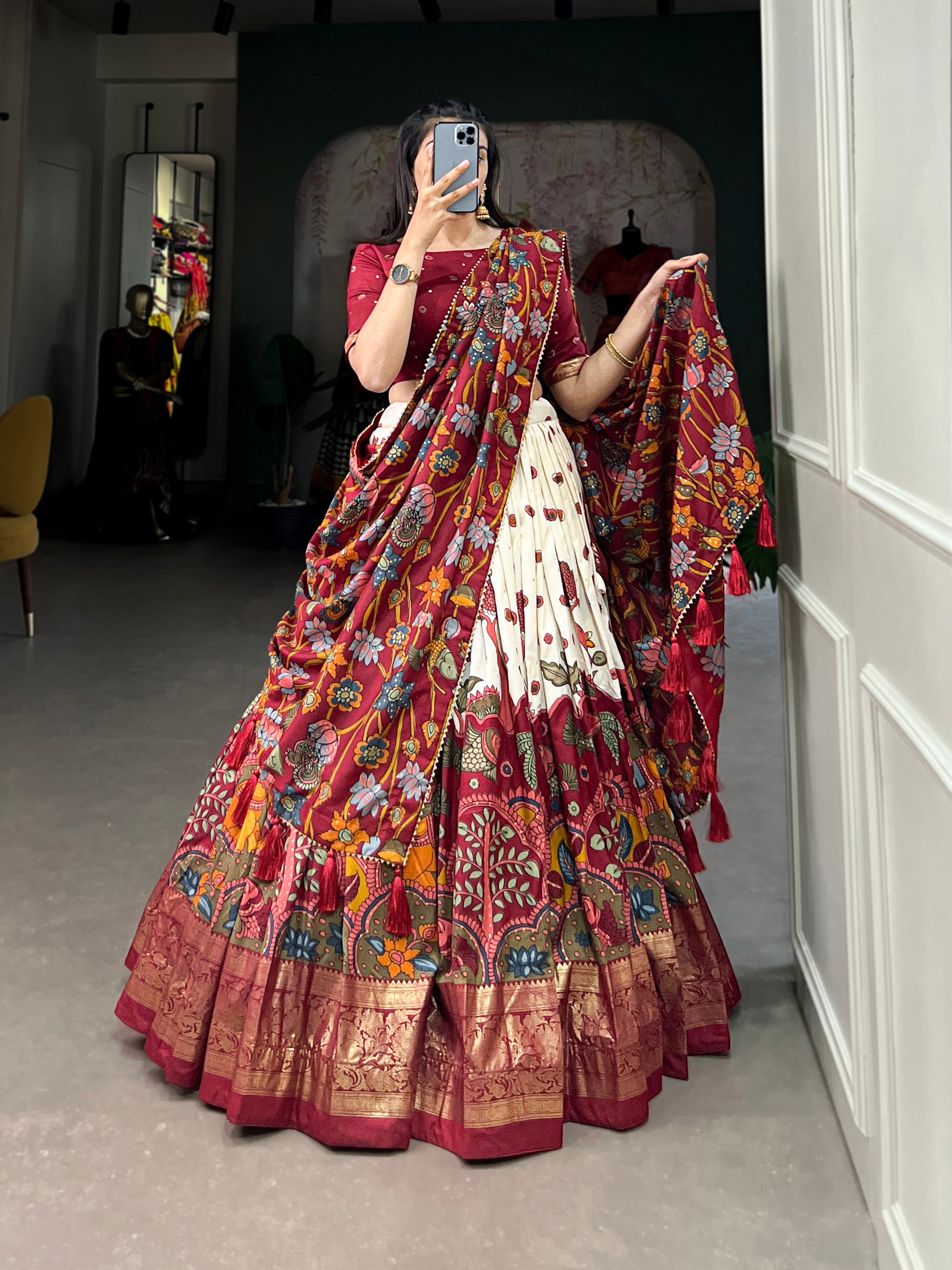Lorenvalley Off White Tussar Silk Kalamkari Print with Foil Work Border Lehenga Choli with Dupatta