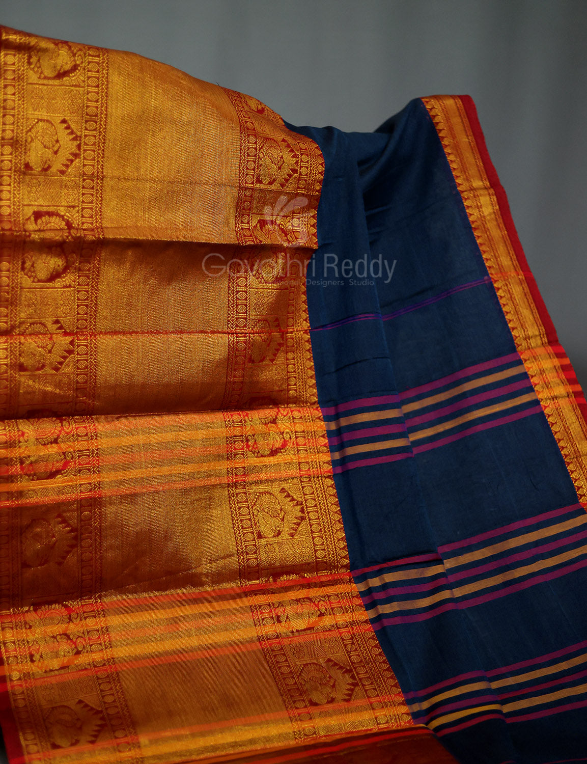 Kalanetha Peacock Blue With Zari Kanchi Style Pure Narayanpet Cotton Saree By Gayathri Reddy Designer Studio