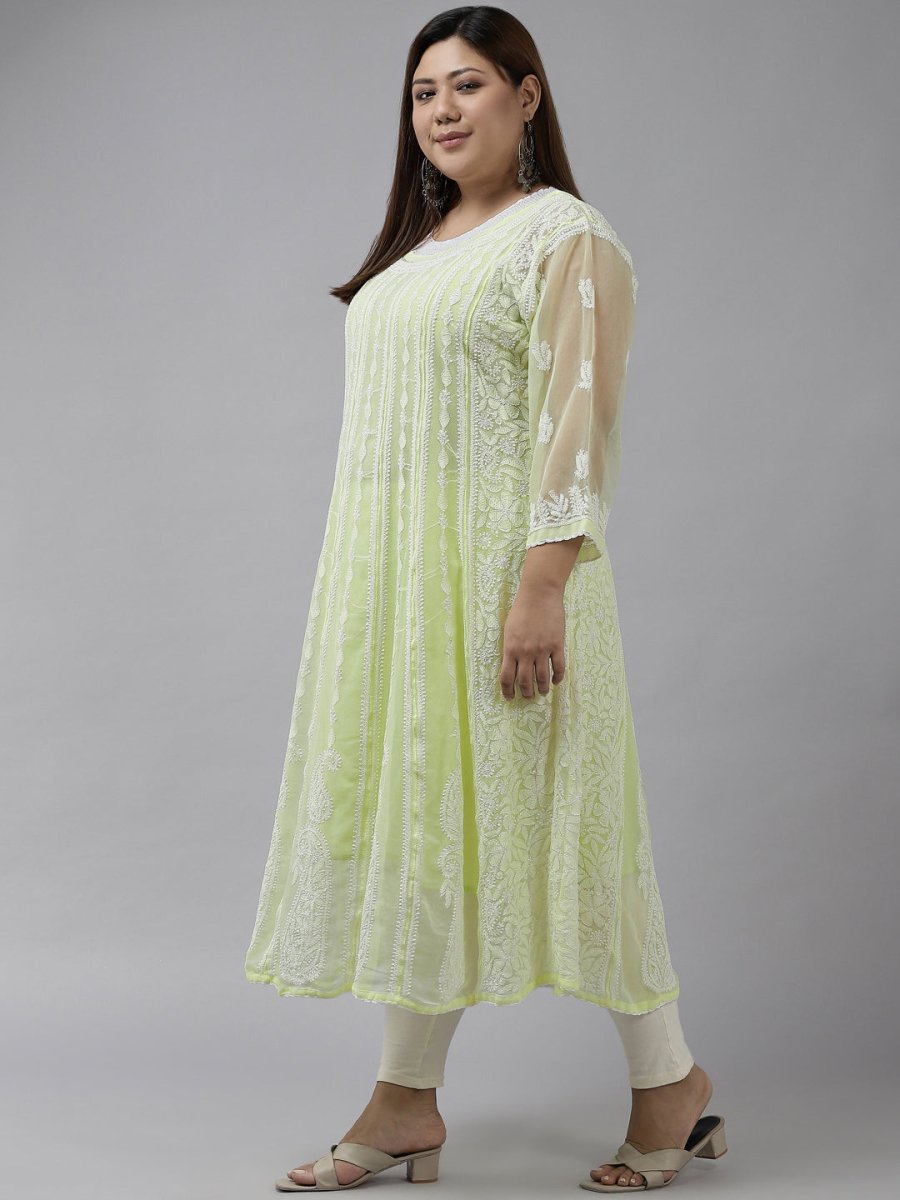 ADA Women Lime Green & White Ethnic Motifs Plus Size Chikankari Georgette Anarkali Kurta