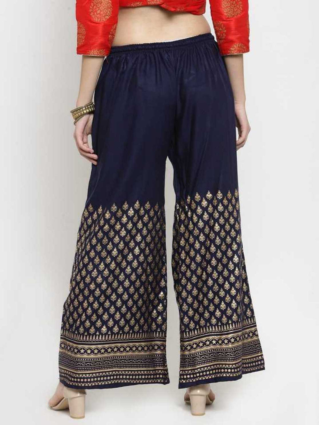 PAVONINE Navy Blue Color Minar Half Golden Print Sharara For Women