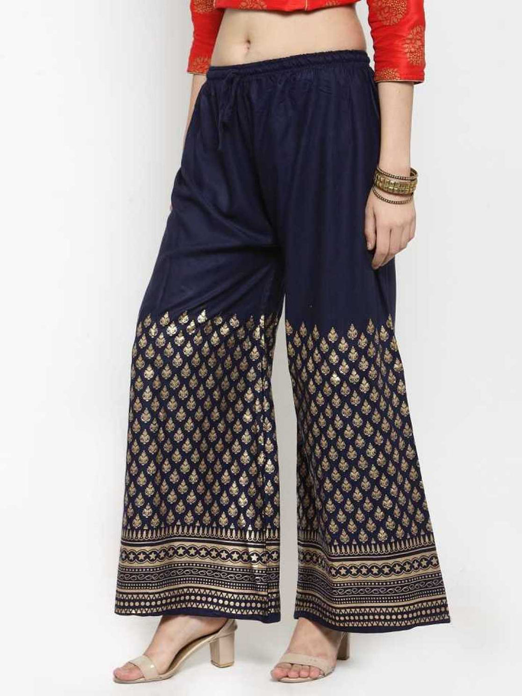 PAVONINE Navy Blue Color Minar Half Golden Print Sharara For Women