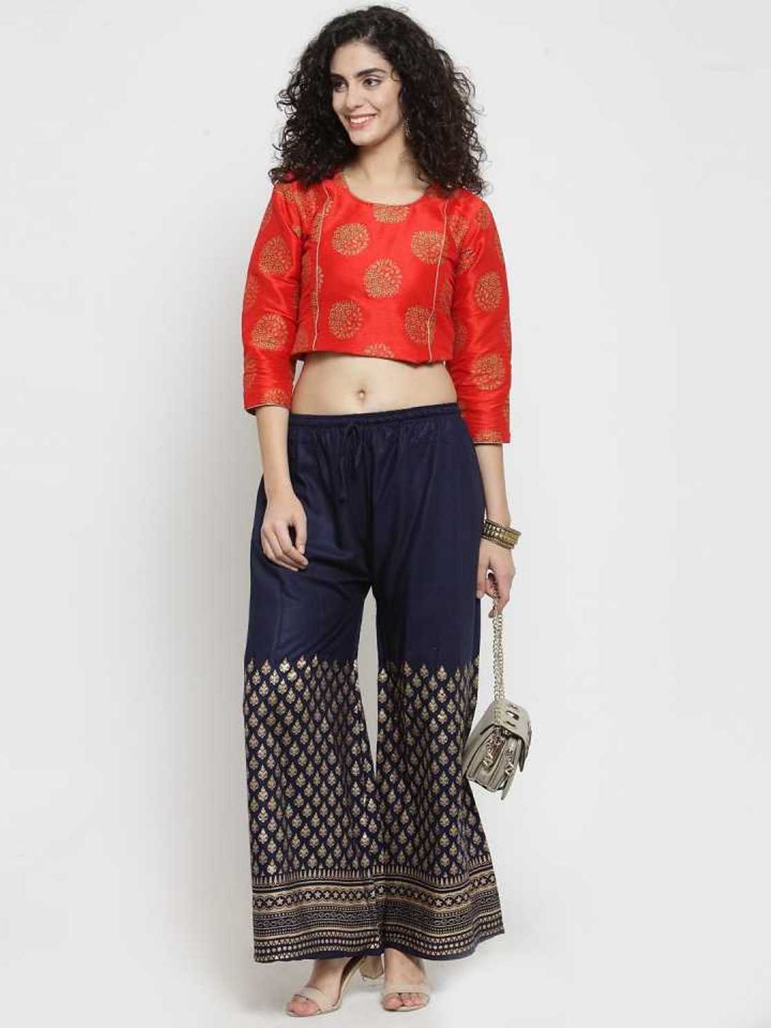 PAVONINE Navy Blue Color Minar Half Golden Print Sharara For Women