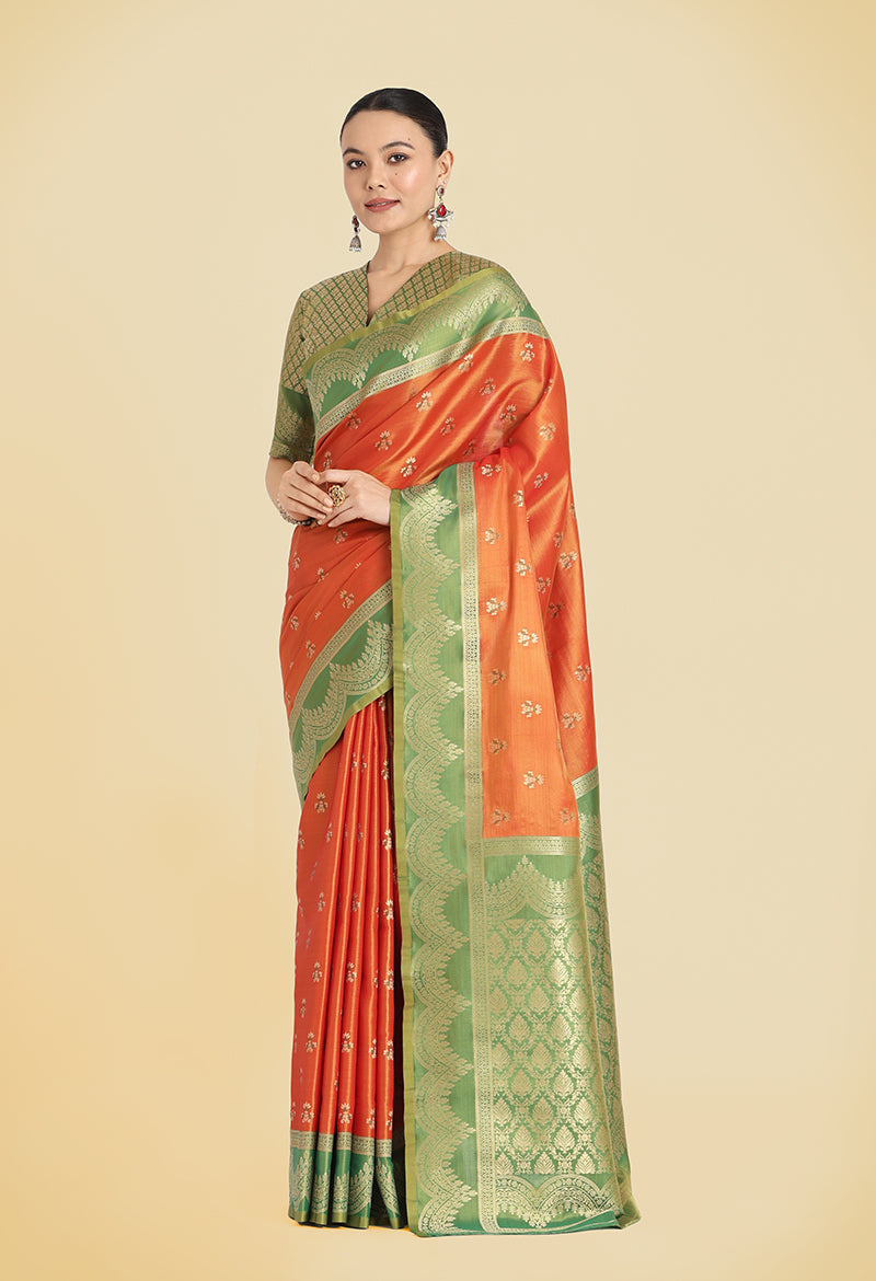 Monjolika Fashion Orange Color Weaving Banarasi Tissue Silk Classic Saree