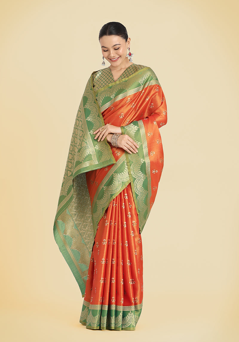 Monjolika Fashion Orange Color Weaving Banarasi Tissue Silk Classic Saree