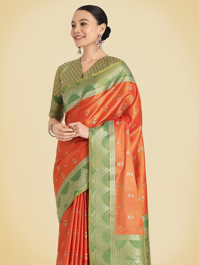Monjolika Fashion Orange Color Weaving Banarasi Tissue Silk Classic Saree