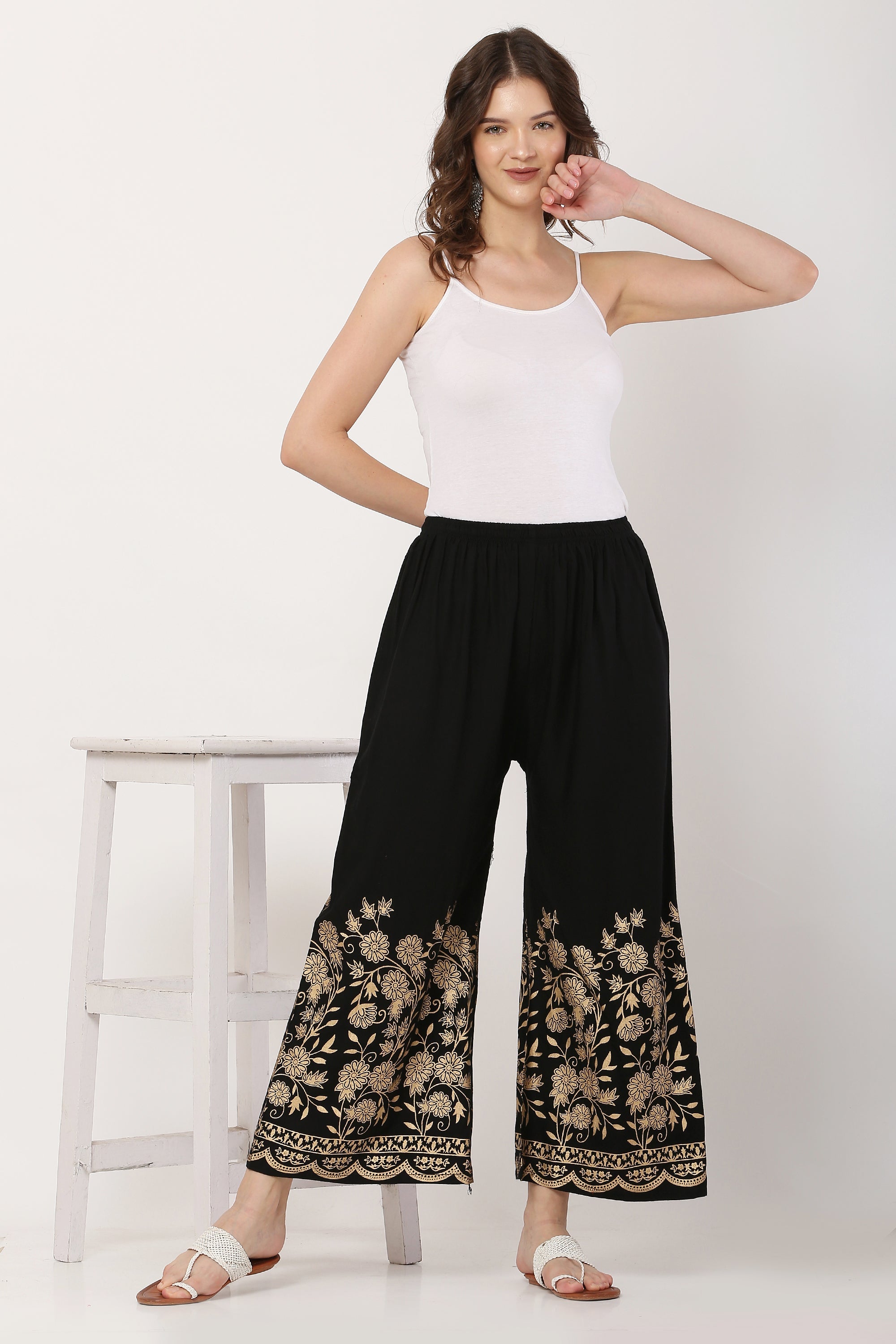 PAVONINE Black Color Floral Half Golden Print Sharara For Women