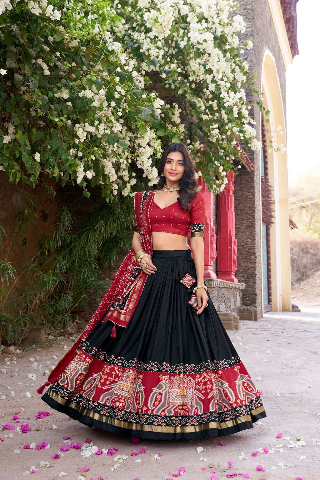 Lorenvalley Fashion Black Tussar Silk Patola Printed With Foil Work Lehenga Choli with Dupatta