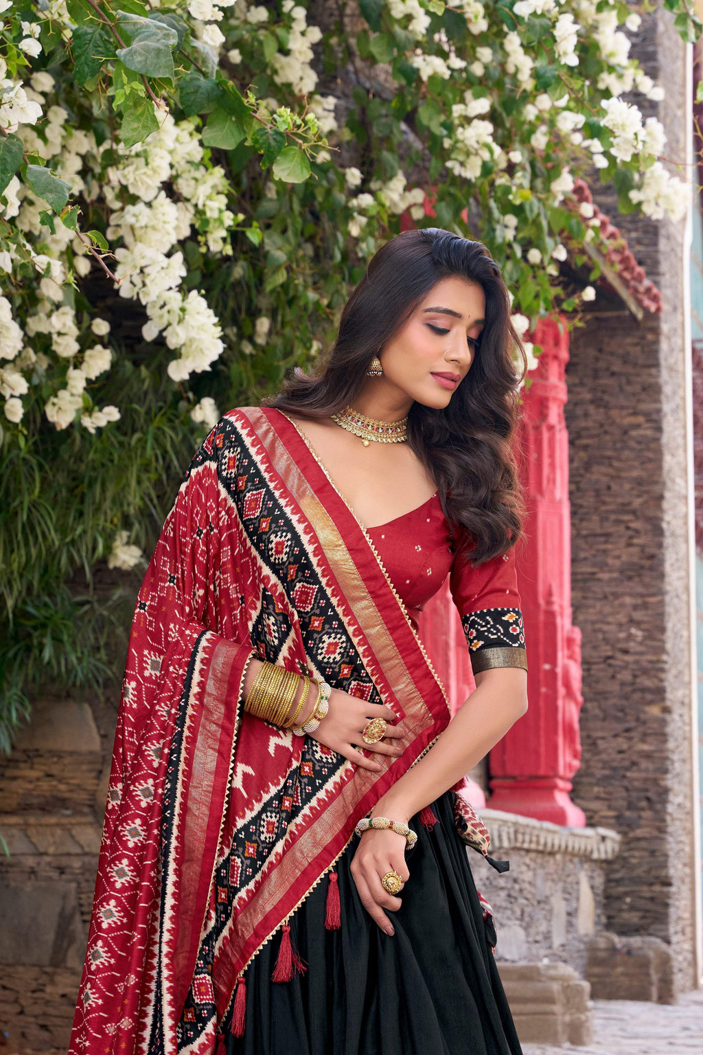 Lorenvalley Fashion Black Tussar Silk Patola Printed With Foil Work Lehenga Choli with Dupatta