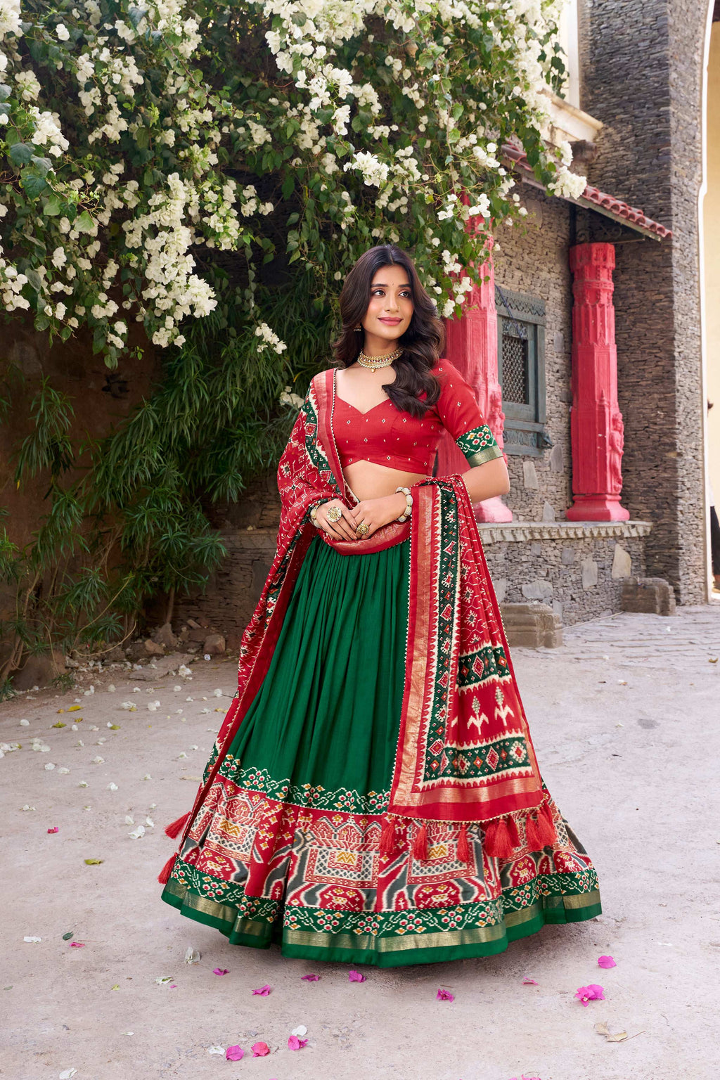 Lorenvalley Fashion Green Tussar Silk Patola Printed With Foil Work Lehenga Choli with Dupatta