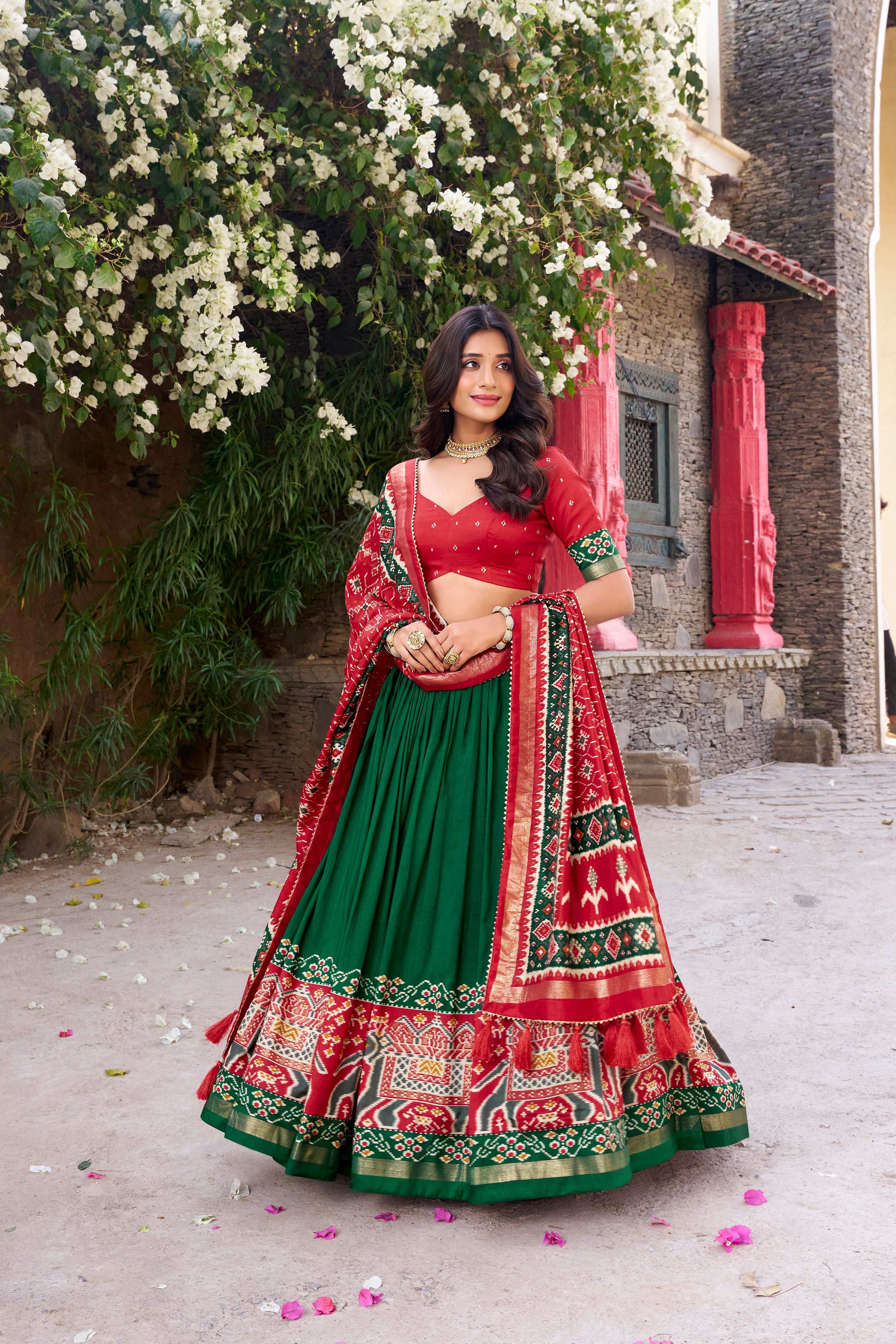 Lorenvalley Fashion Green Tussar Silk Patola Printed With Foil Work Lehenga Choli with Dupatta