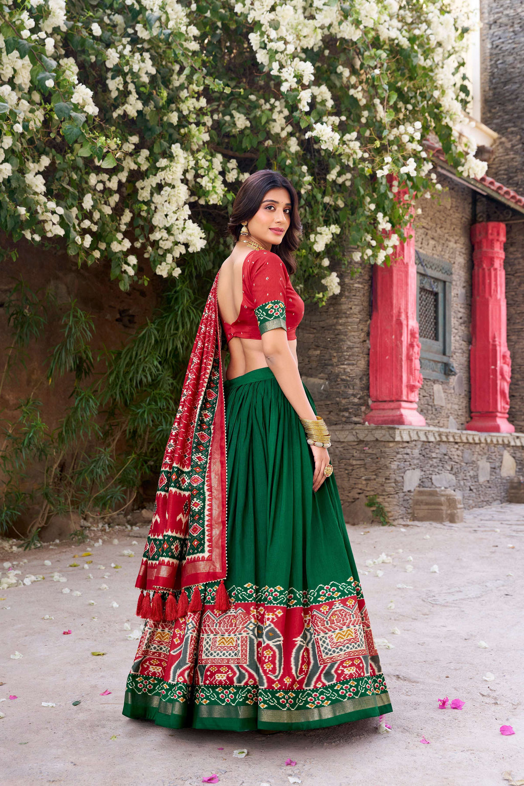 Lorenvalley Fashion Green Tussar Silk Patola Printed With Foil Work Lehenga Choli with Dupatta
