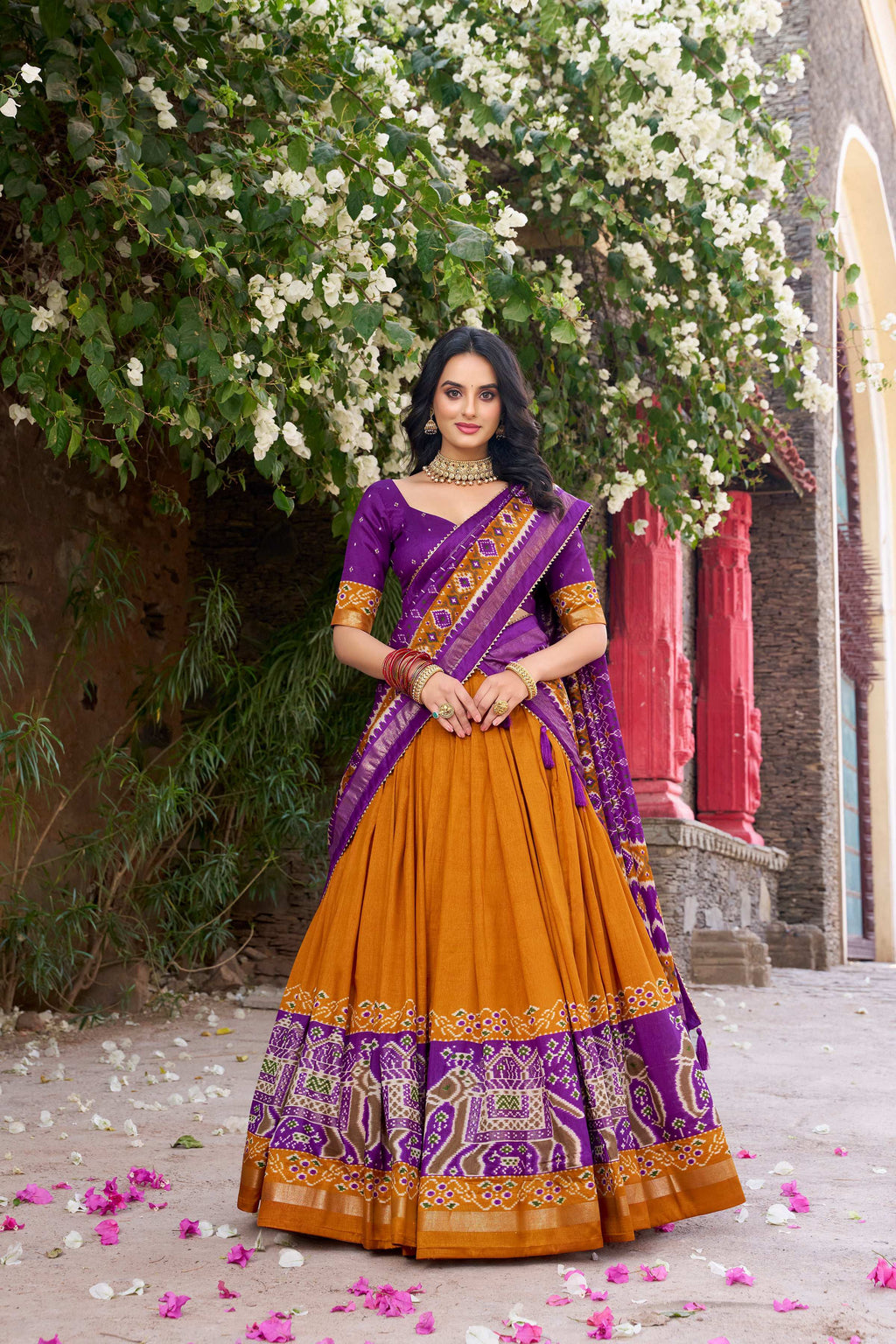Lorenvalley Fashion Mustard Tussar Silk Patola Printed With Foil Work Lehenga Choli with Dupatta