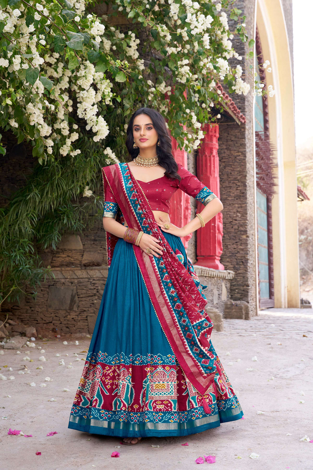 Lorenvalley Fashion Teal Tussar Silk Patola Printed With Foil Work Lehenga Choli with Dupatta