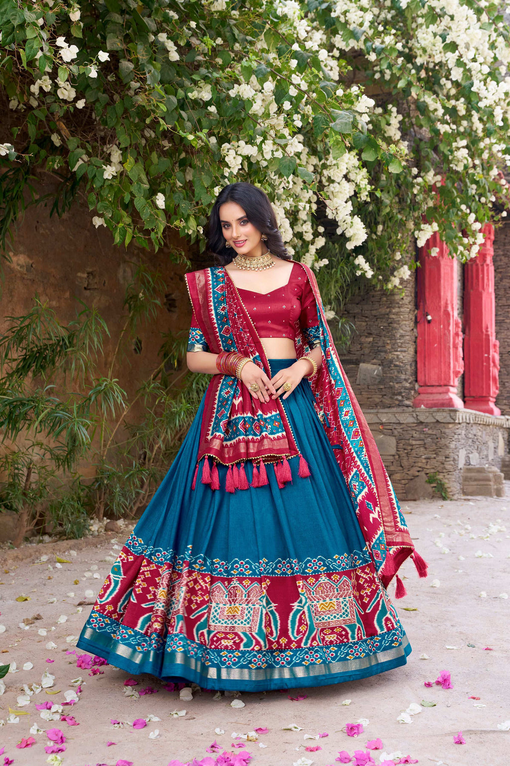 Lorenvalley Fashion Teal Tussar Silk Patola Printed With Foil Work Lehenga Choli with Dupatta