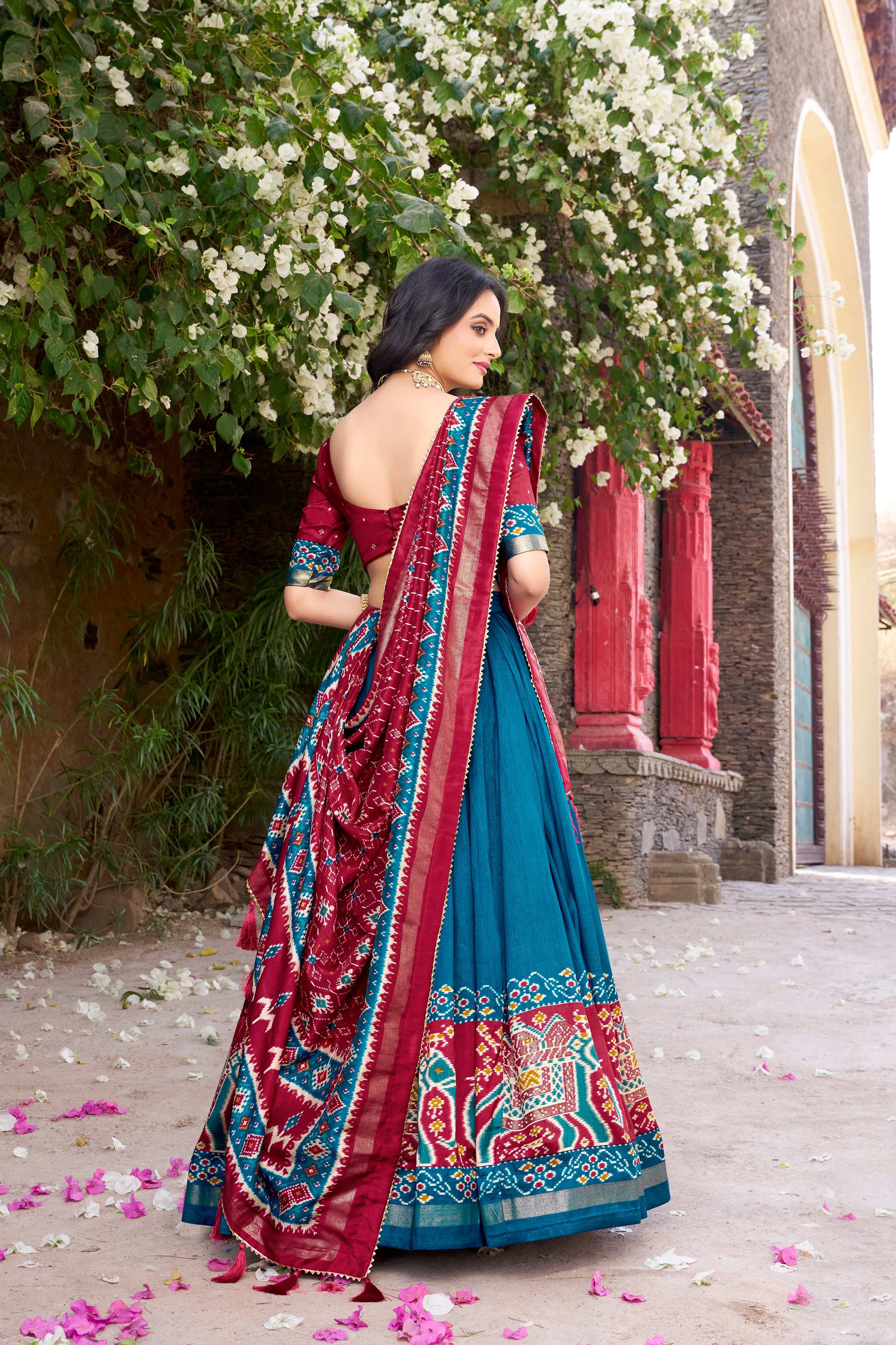 Lorenvalley Fashion Teal Tussar Silk Patola Printed With Foil Work Lehenga Choli with Dupatta