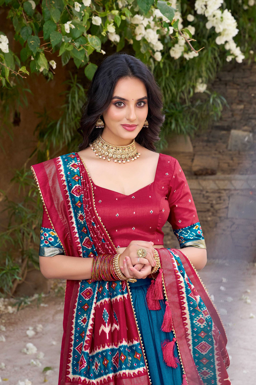Lorenvalley Fashion Teal Tussar Silk Patola Printed With Foil Work Lehenga Choli with Dupatta