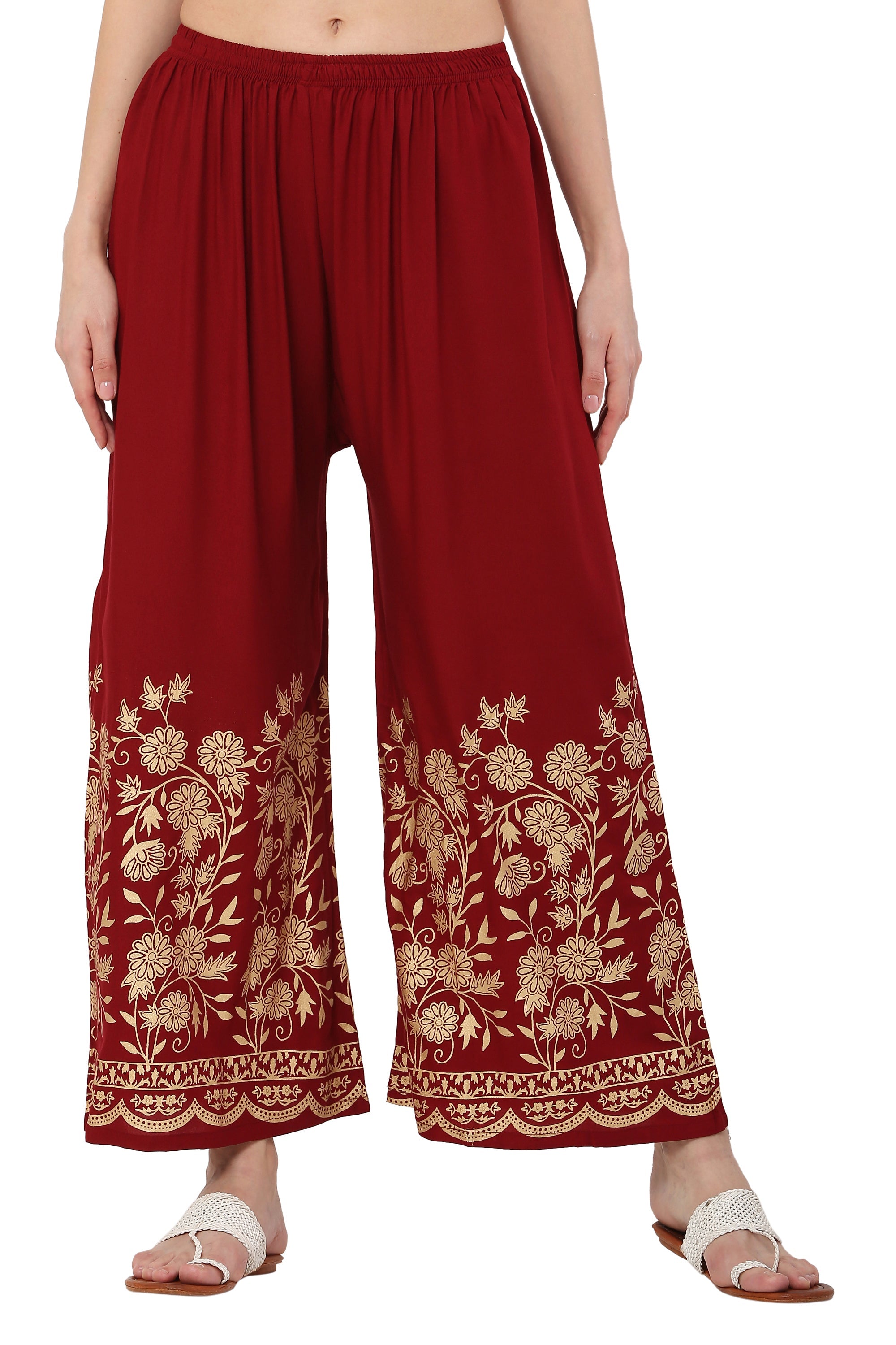 PAVONINE Maroon Color Floral Half Golden Print Sharara For Women
