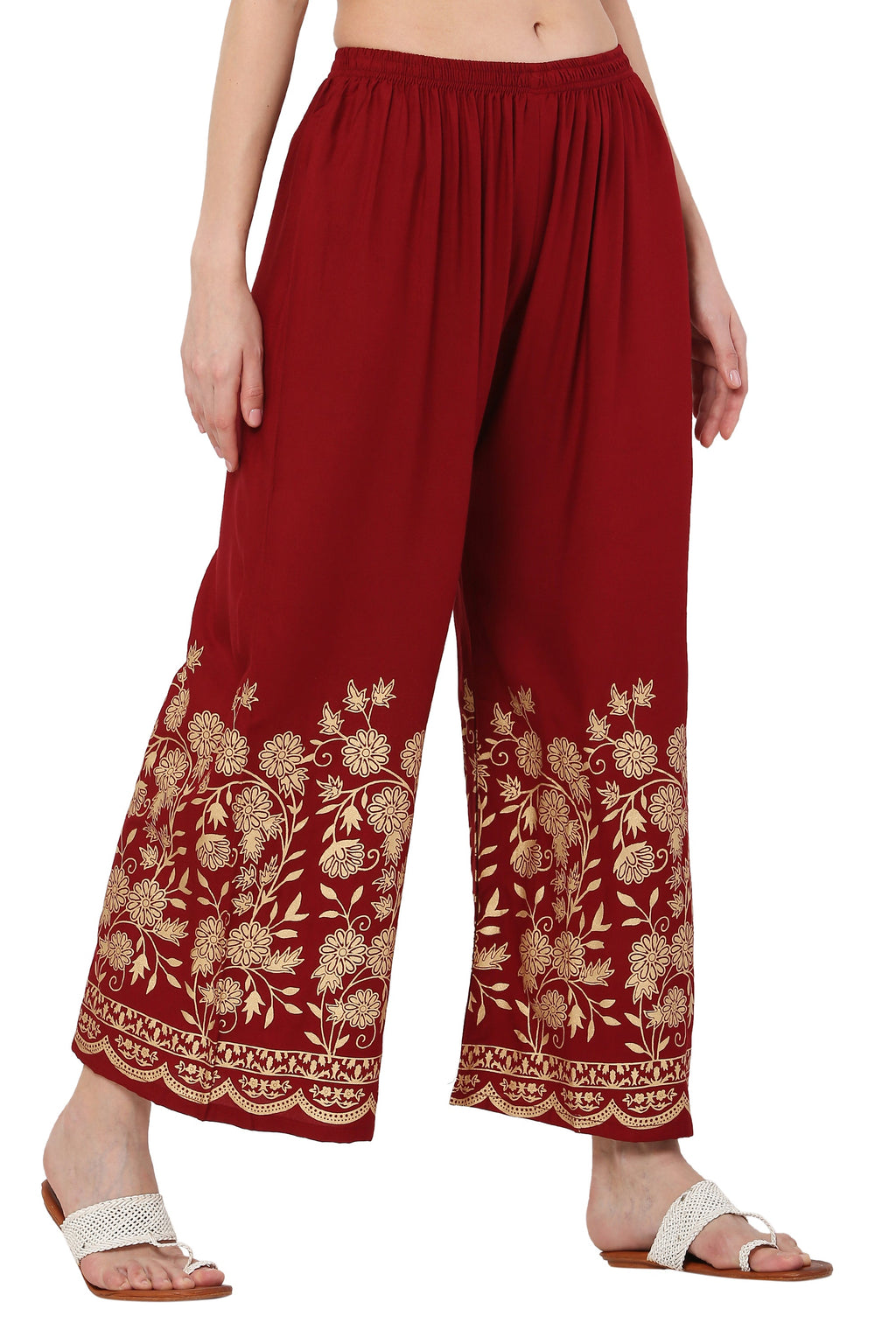 PAVONINE Maroon Color Floral Half Golden Print Sharara For Women
