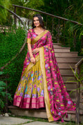 Lorenvalley Mustard Dola Silk Kalamkari Print With Zari Weaving Border Lehenga Choli
