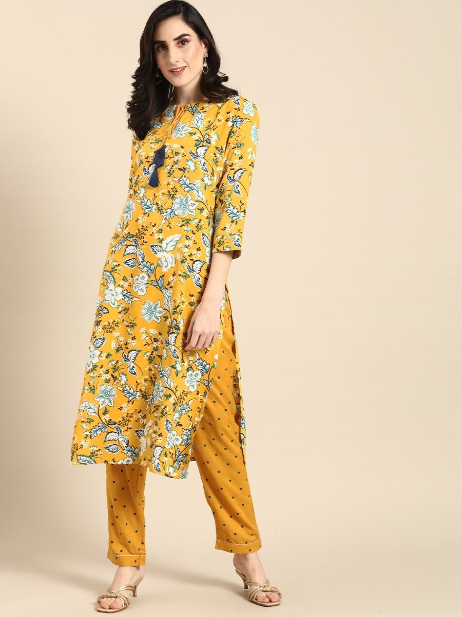 All About You Women Mustard Yellow & White Floral Printed Kurta with Trousers