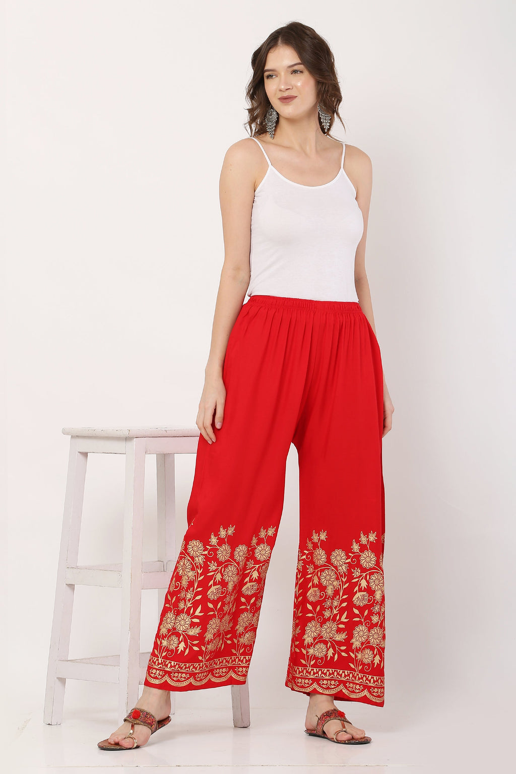 PAVONINE Red Color Floral Half Golden Print Sharara For Women