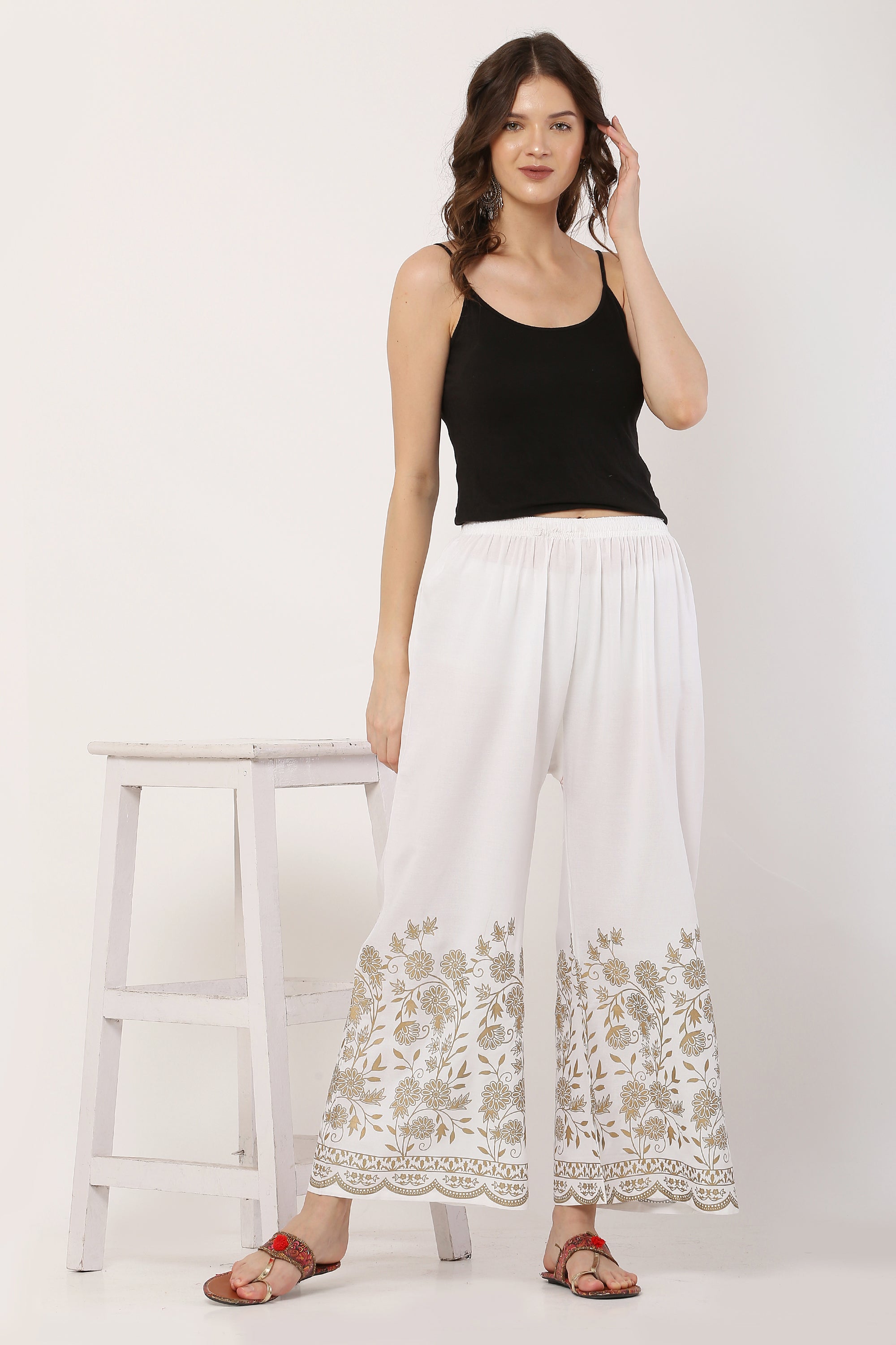 PAVONINE White Color Floral Half Golden Print Sharara For Women