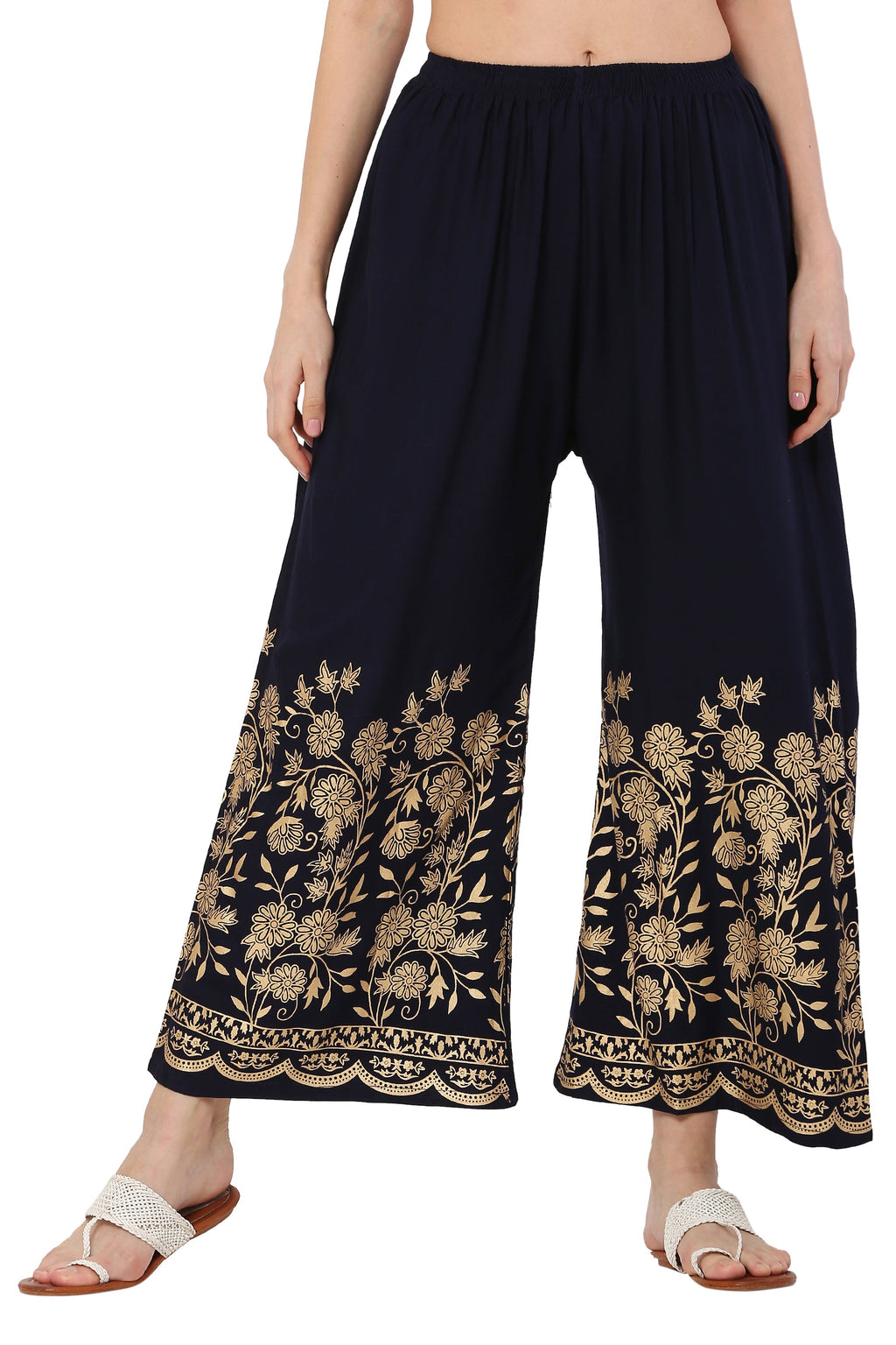 PAVONINE Navy Blue Color Floral Half Golden Print Sharara For Women