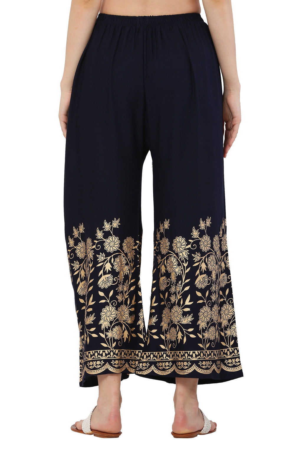 PAVONINE Navy Blue Color Floral Half Golden Print Sharara For Women