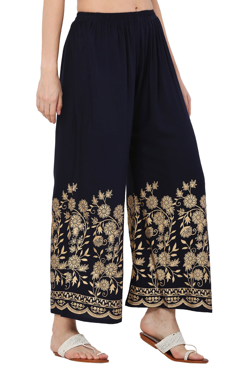 PAVONINE Navy Blue Color Floral Half Golden Print Sharara For Women