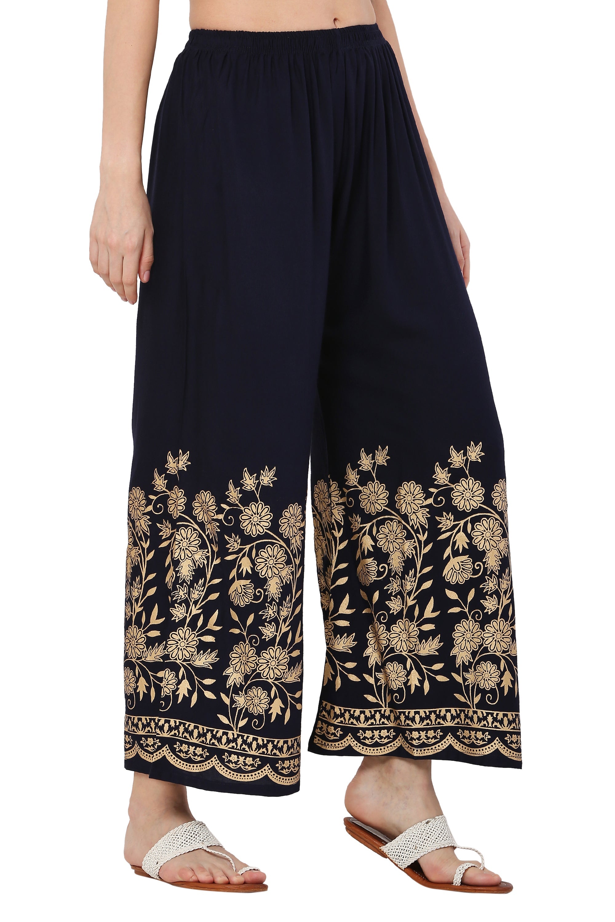 PAVONINE Navy Blue Color Floral Half Golden Print Sharara For Women