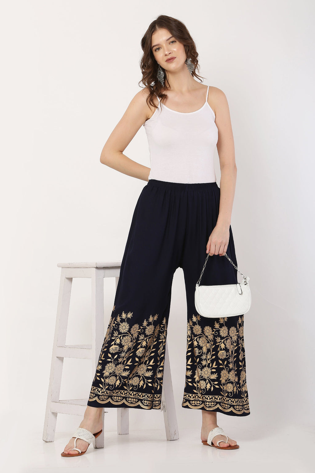 PAVONINE Navy Blue Color Floral Half Golden Print Sharara For Women