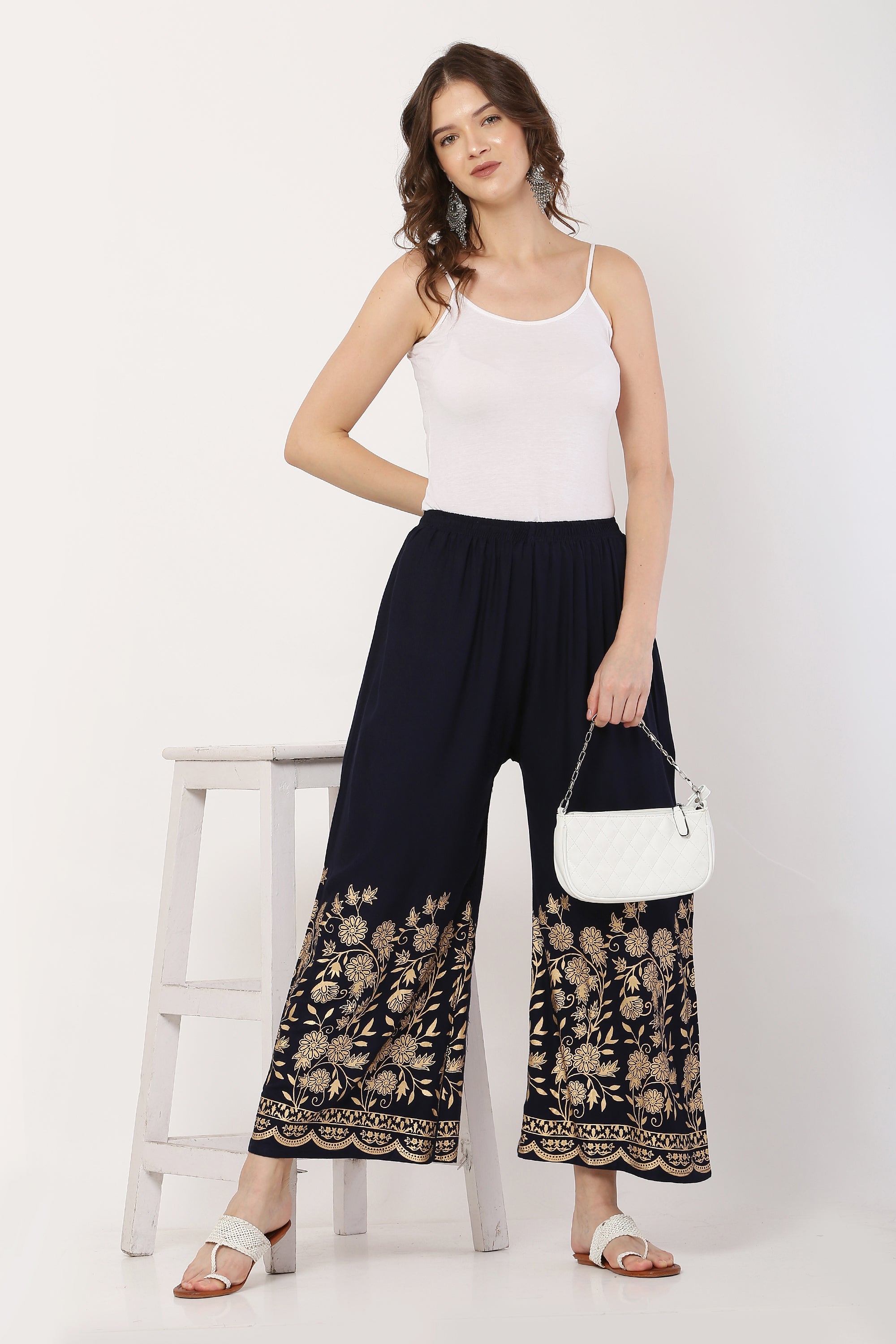 PAVONINE Navy Blue Color Floral Half Golden Print Sharara For Women