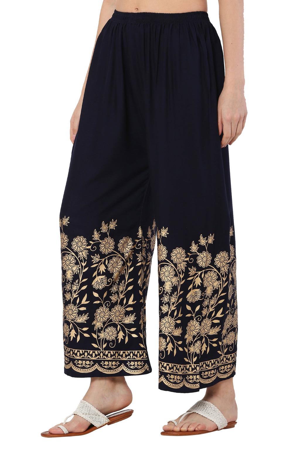 PAVONINE Navy Blue Color Floral Half Golden Print Sharara For Women