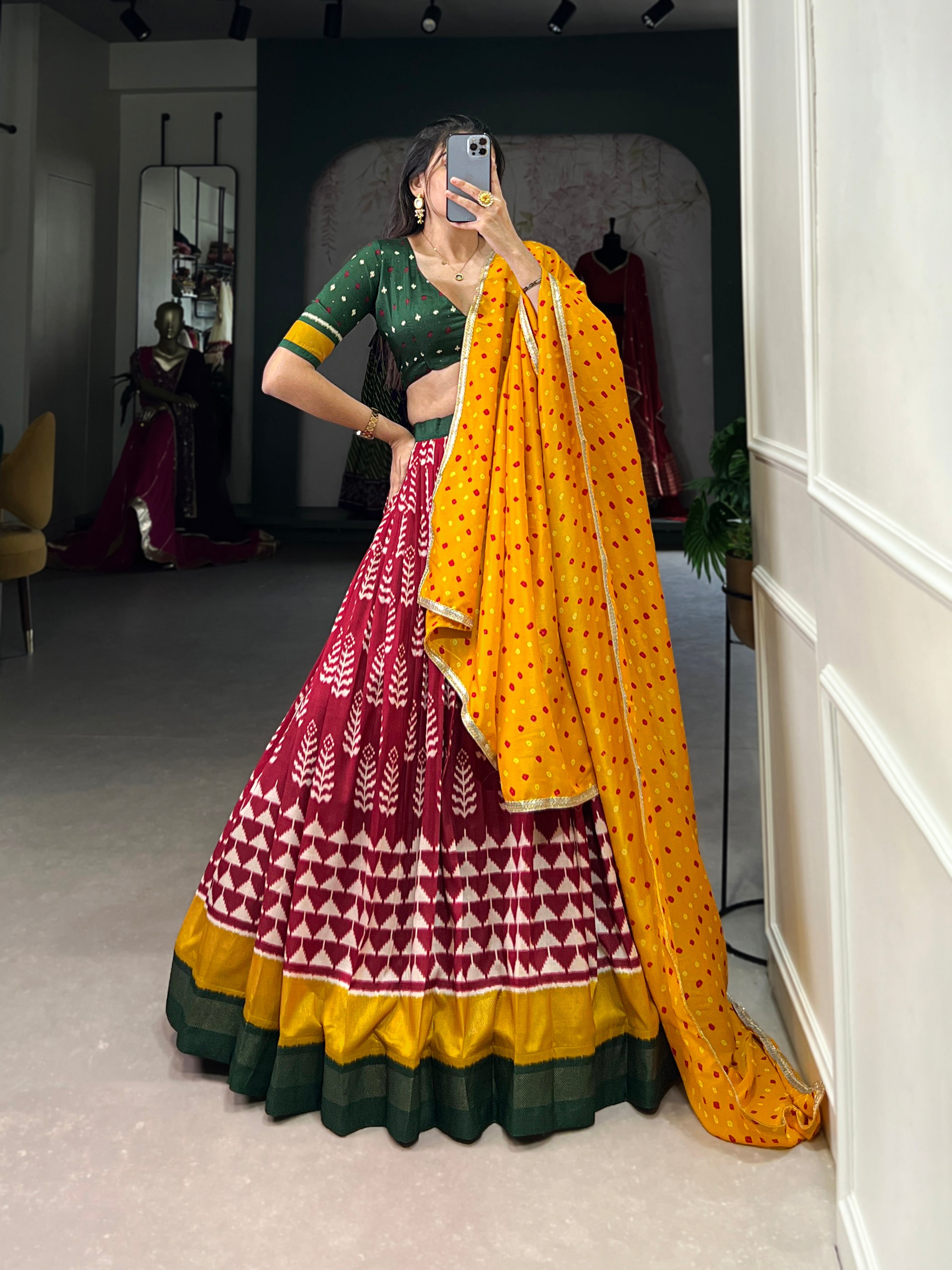 Lorenvalley Maroon Tassar Silk Print with Foil Work Lehenga Choli with Dupatta