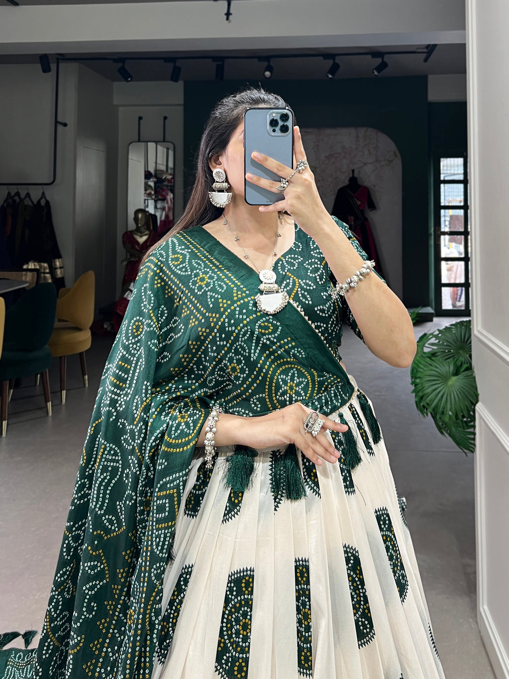 Lorenvalley Green Artistry in Tussar Silk with Bandhej Print Lehenga Choli