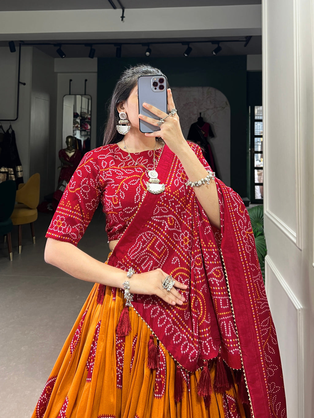 Lorenvalley Mustard Artistry in Tussar Silk with Bandhej Print Lehenga Choli
