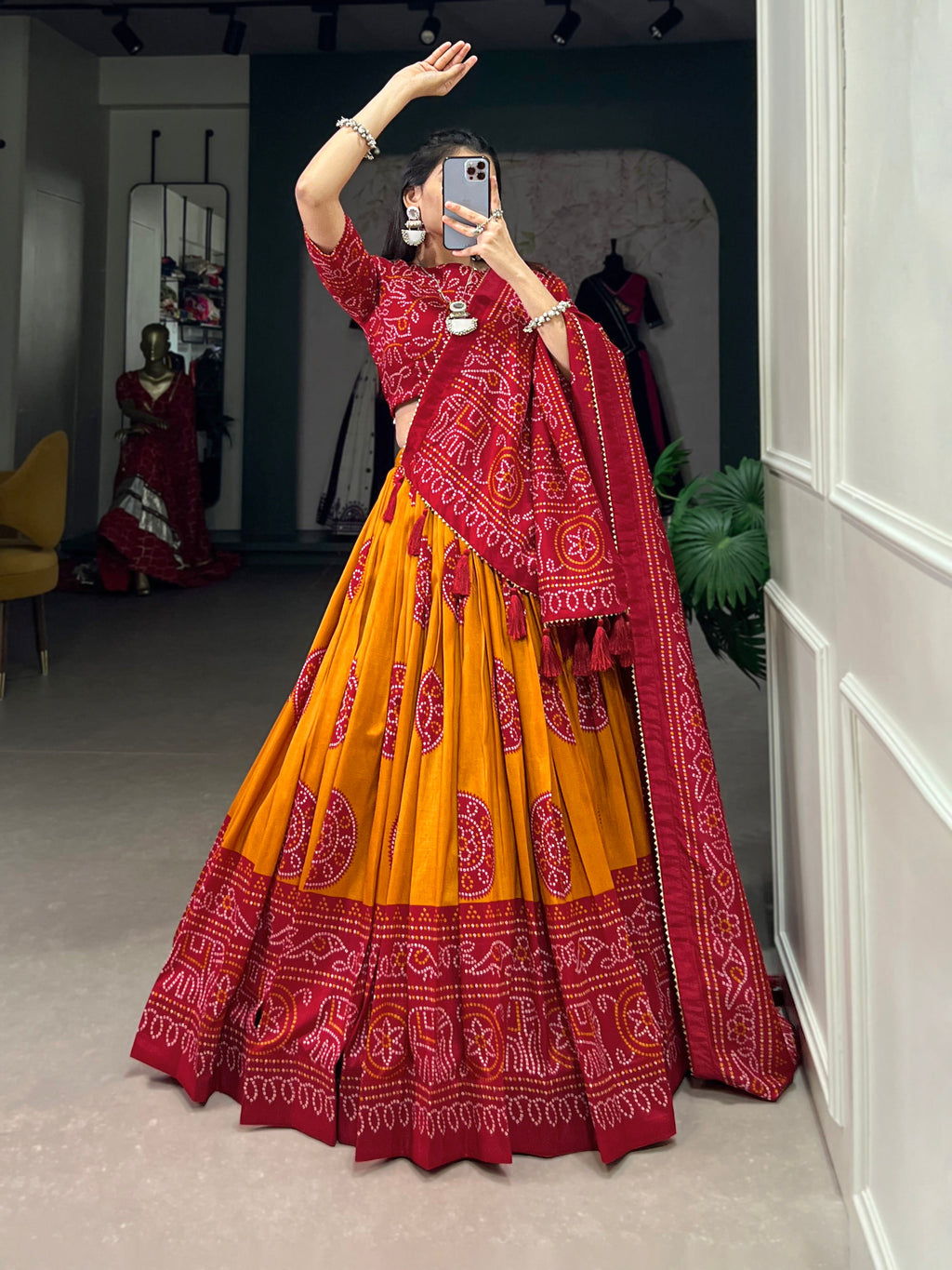 Lorenvalley Mustard Artistry in Tussar Silk with Bandhej Print Lehenga Choli