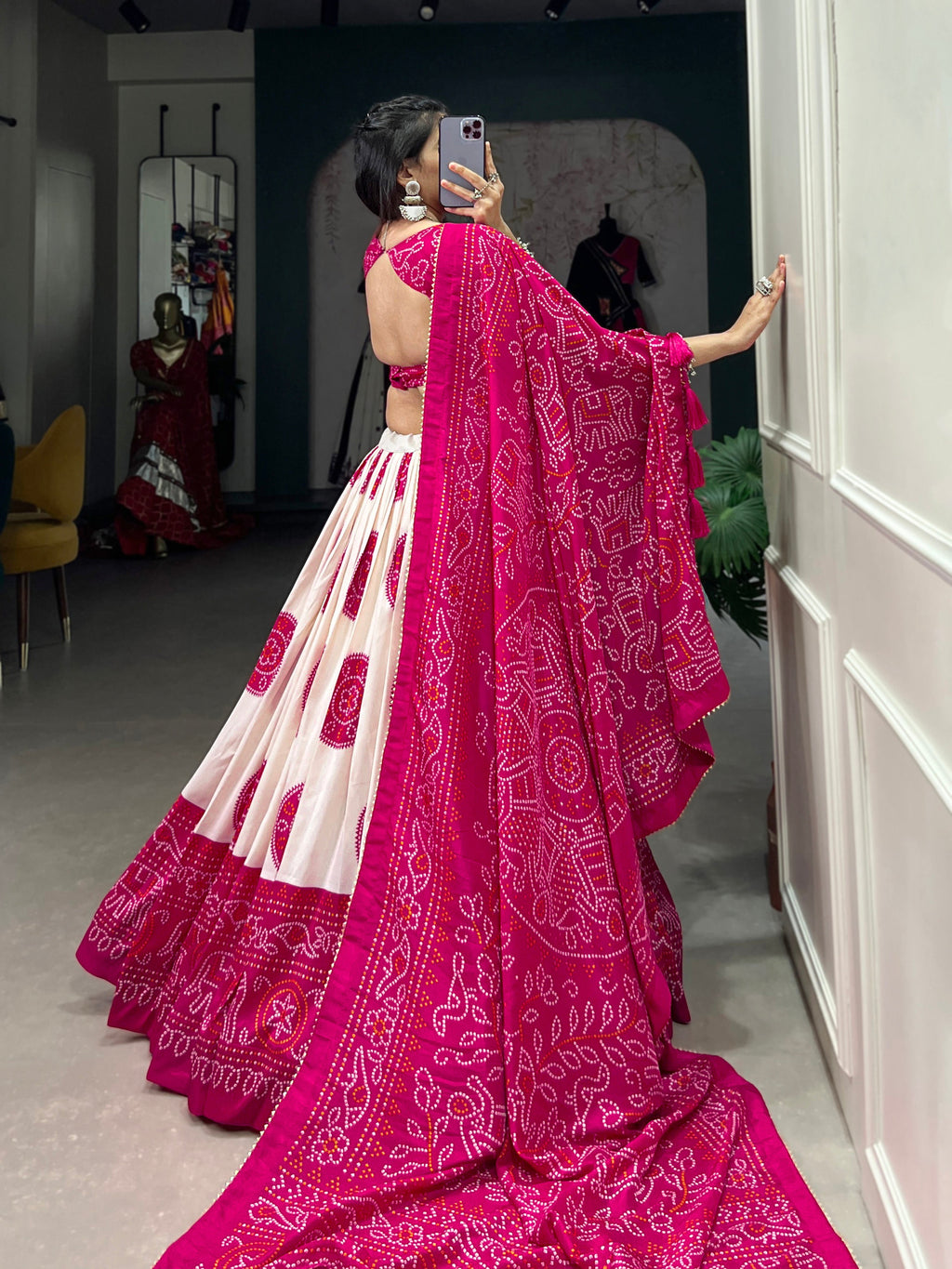Lorenvalley Pink Artistry in Tussar Silk with Bandhej Print Lehenga Choli