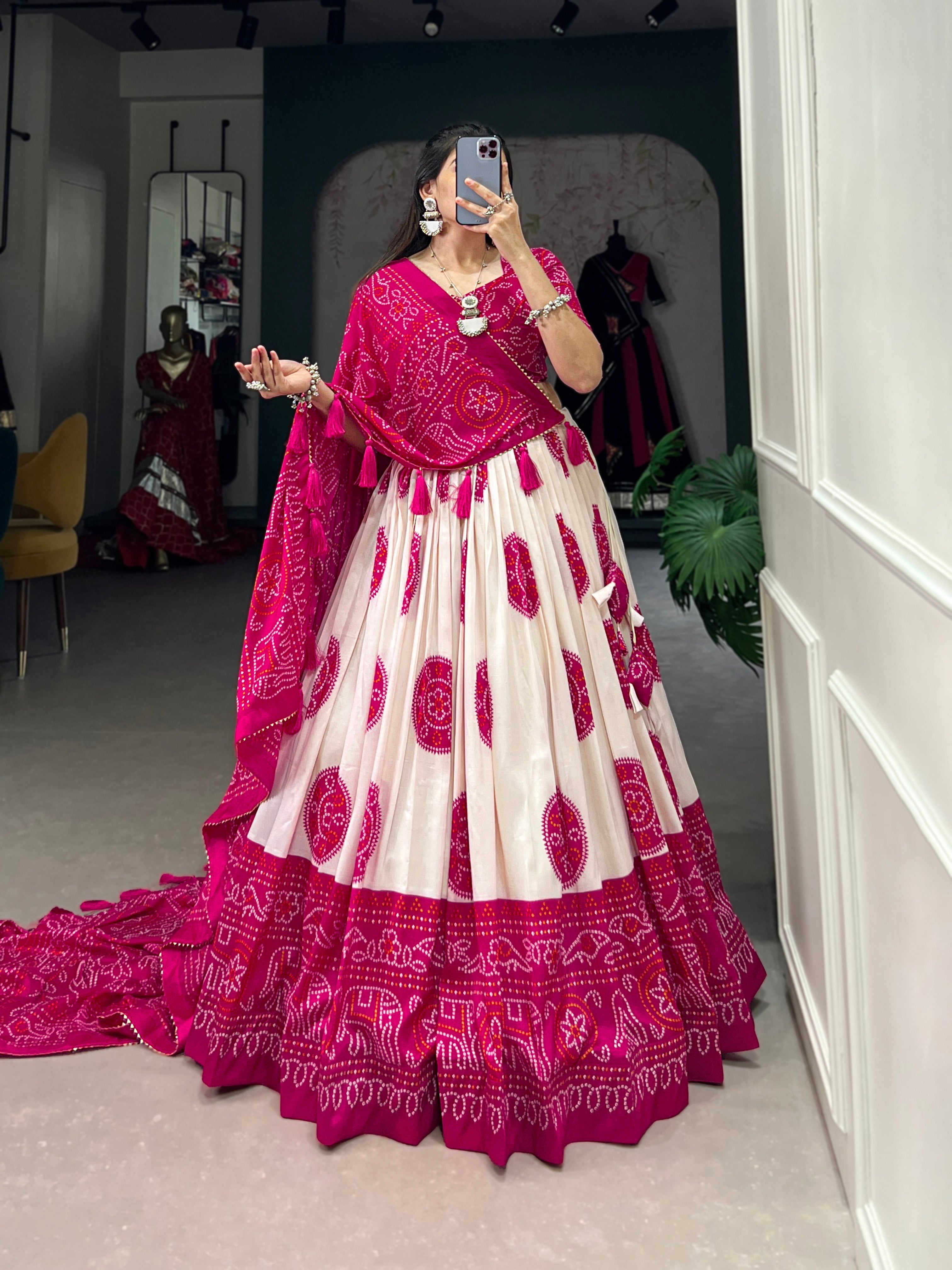 Lorenvalley Pink Artistry in Tussar Silk with Bandhej Print Lehenga Choli