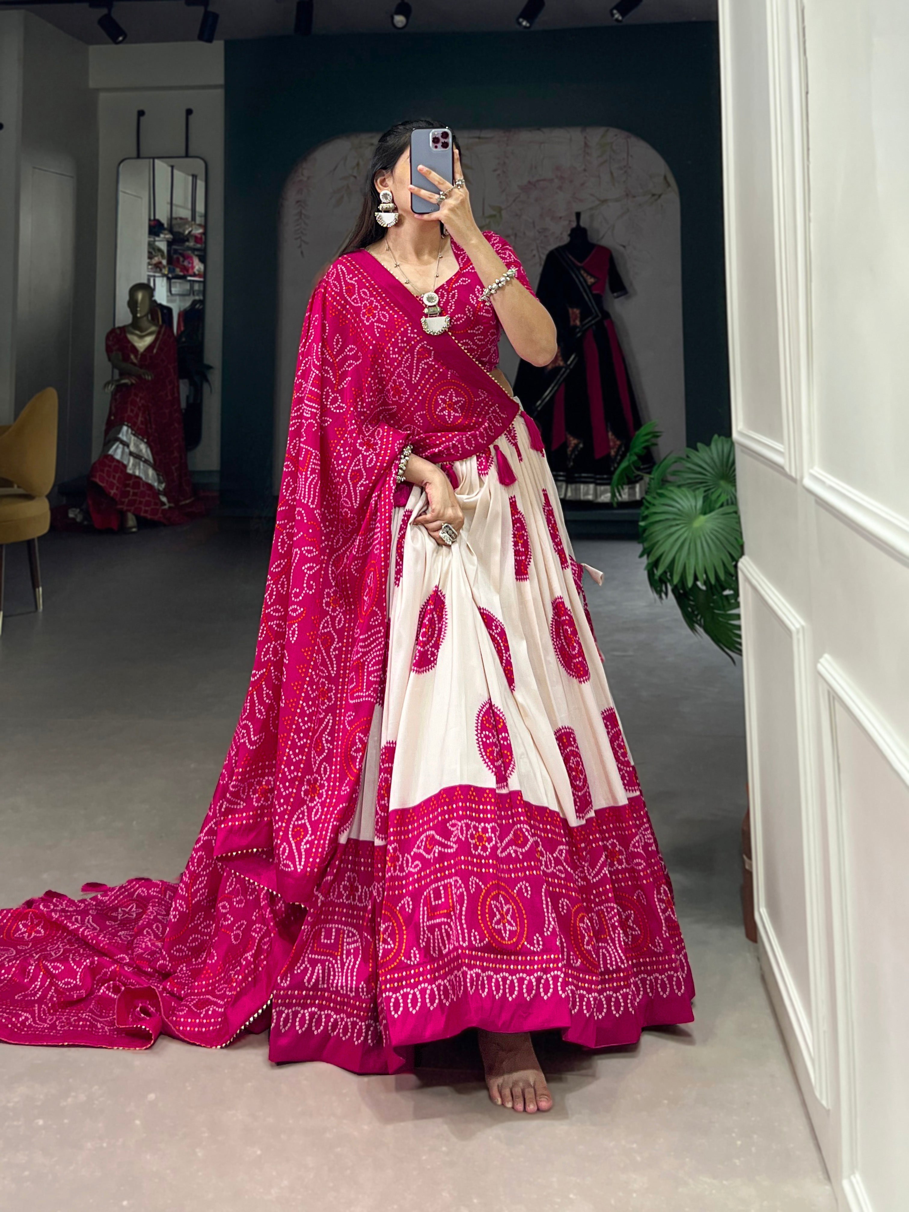 Lorenvalley Pink Artistry in Tussar Silk with Bandhej Print Lehenga Choli